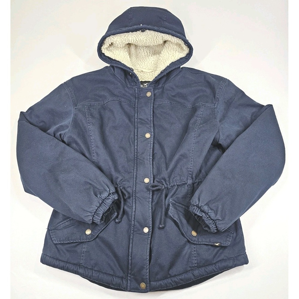 Hollister Jacket Womens Sherpa Lined Canvas Coat Size Medium Blue Warm Cozy Soft